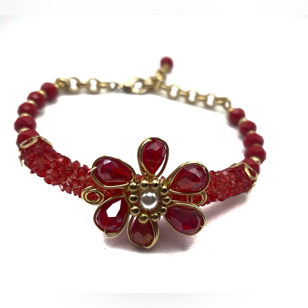 Red, gold and gray handmade wirewrap bracelets